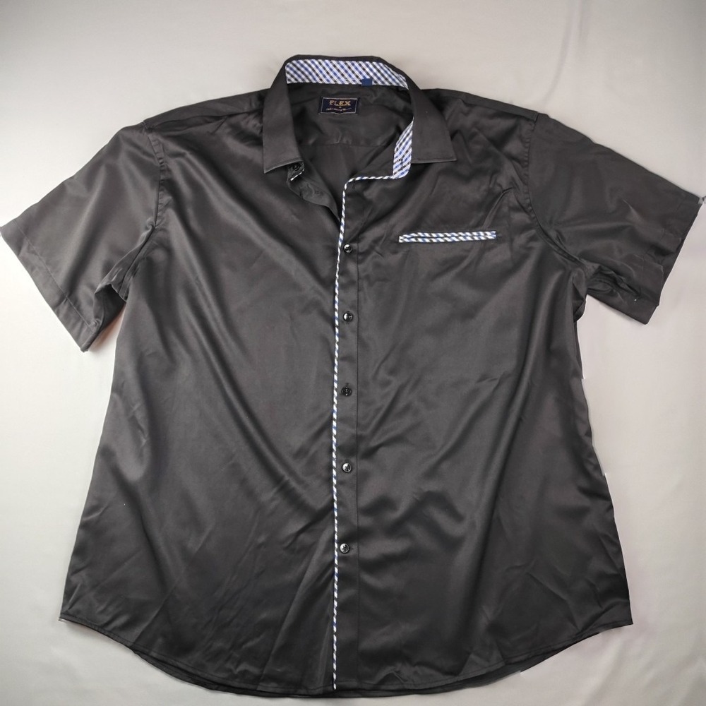 Flex Mens 2XL Shirt Black Button Down Short Sleeve Gingham Trim Luxury